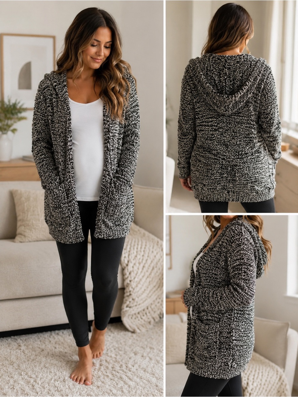 Barefoot Dreams Cozy Hooded Open-Front Cardigan Sweater - Black & White